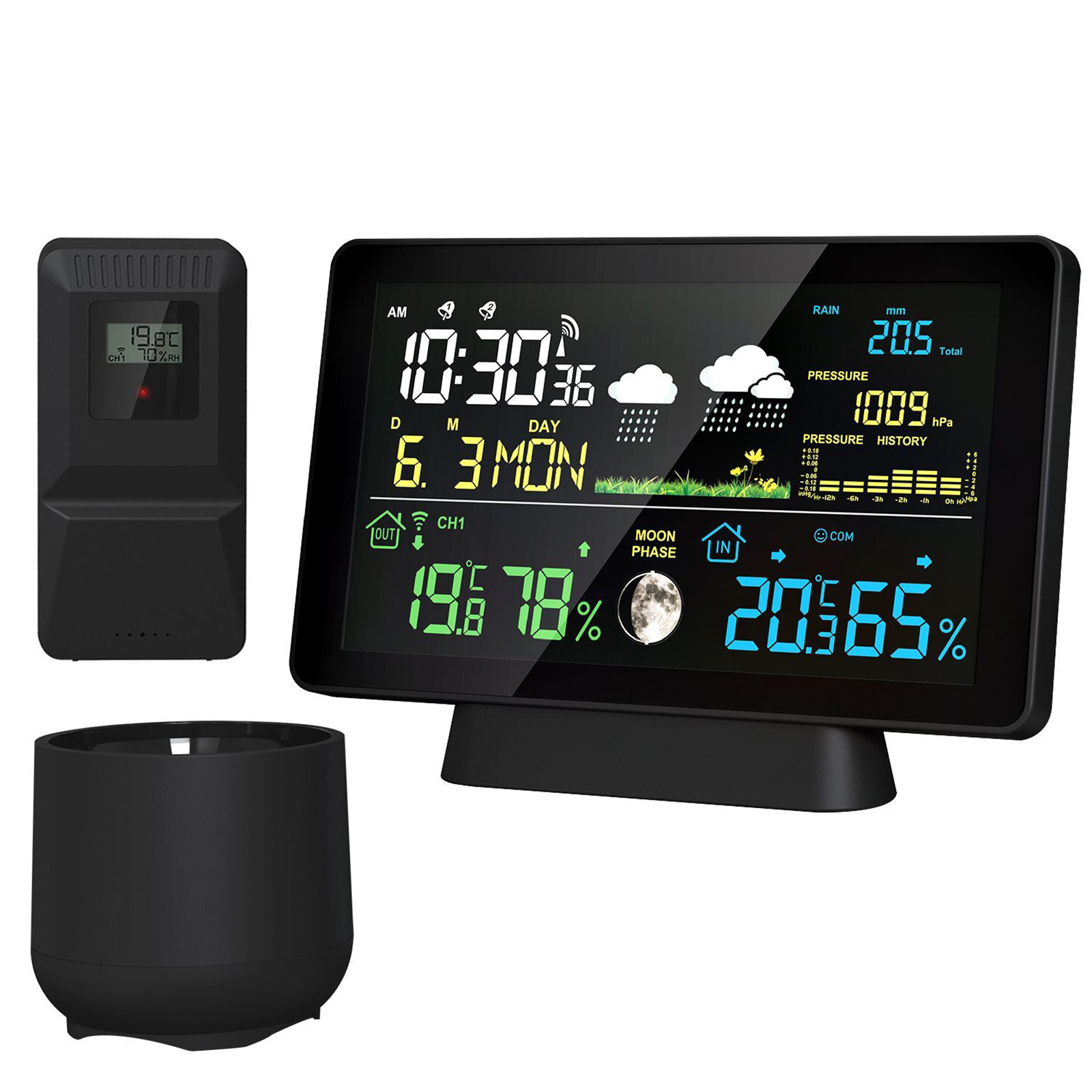 Rain Gauge Digital - Indoor/Outdoor Wireless Weather Station Thermometer Time